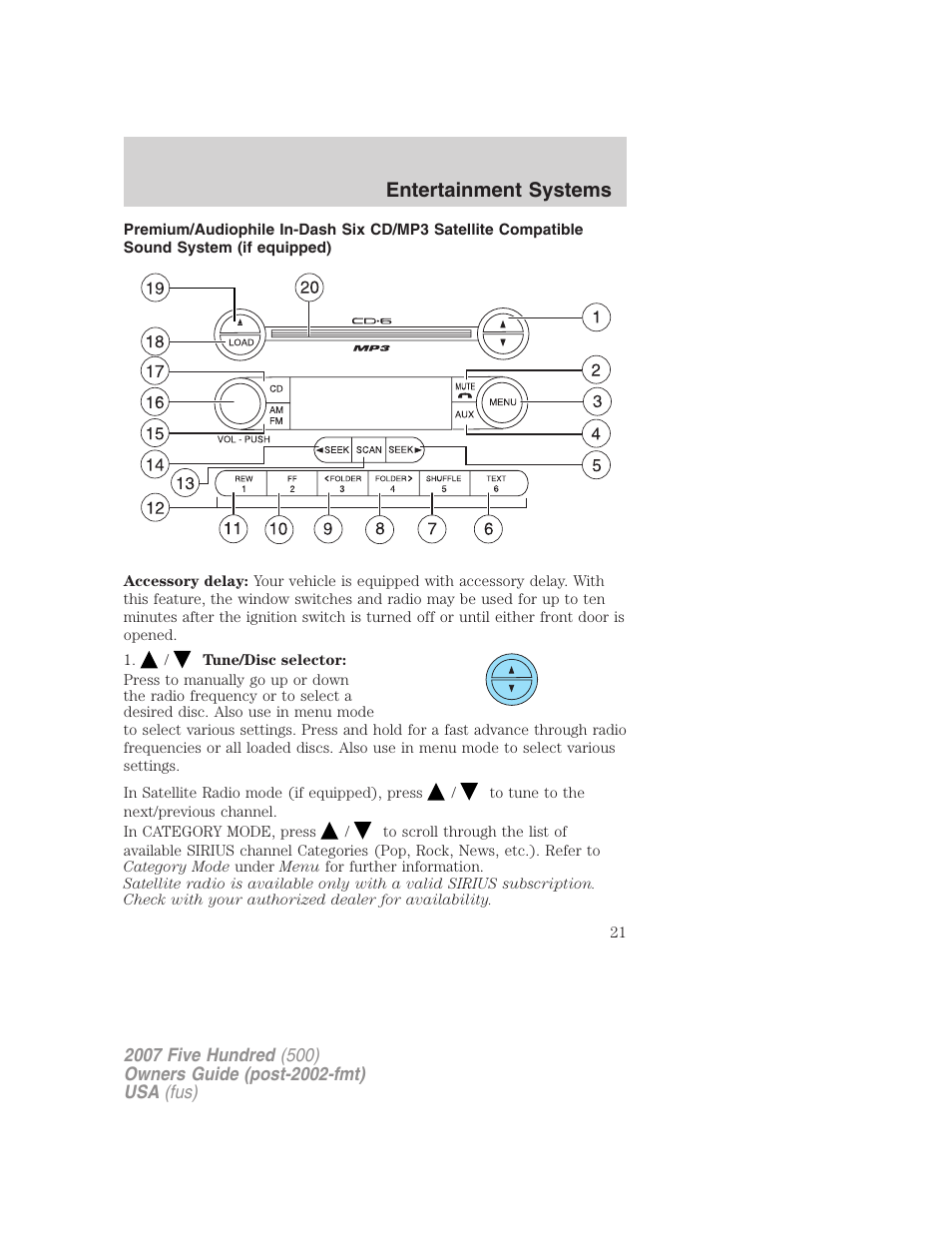 Am/fm stereo with in-dash six cd, Entertainment systems | FORD 2007 Five Hundred v.2 User Manual | Page 21 / 288