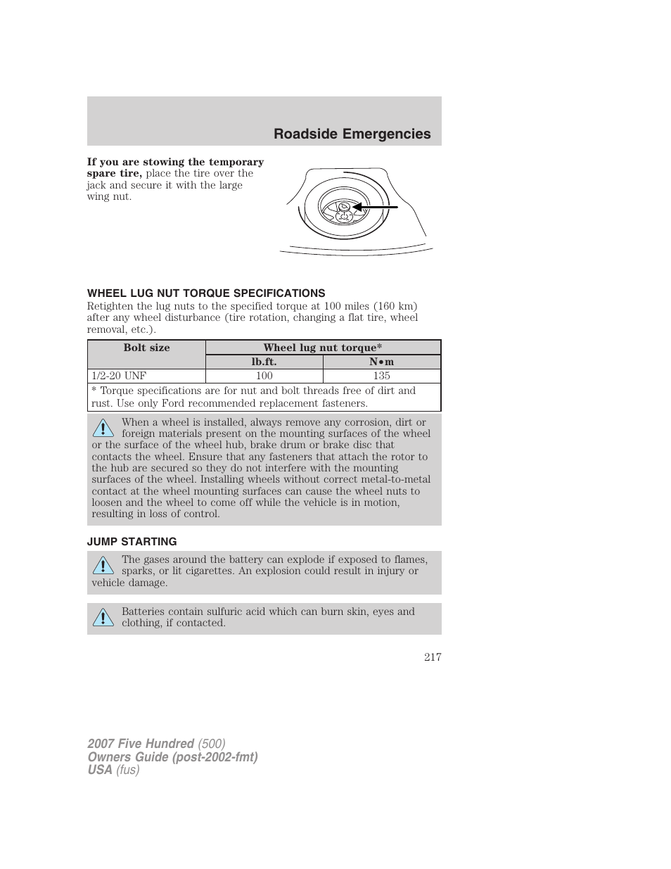 Wheel lug nut torque specifications, Jump starting, Lug nut torque | Roadside emergencies | FORD 2007 Five Hundred v.2 User Manual | Page 217 / 288