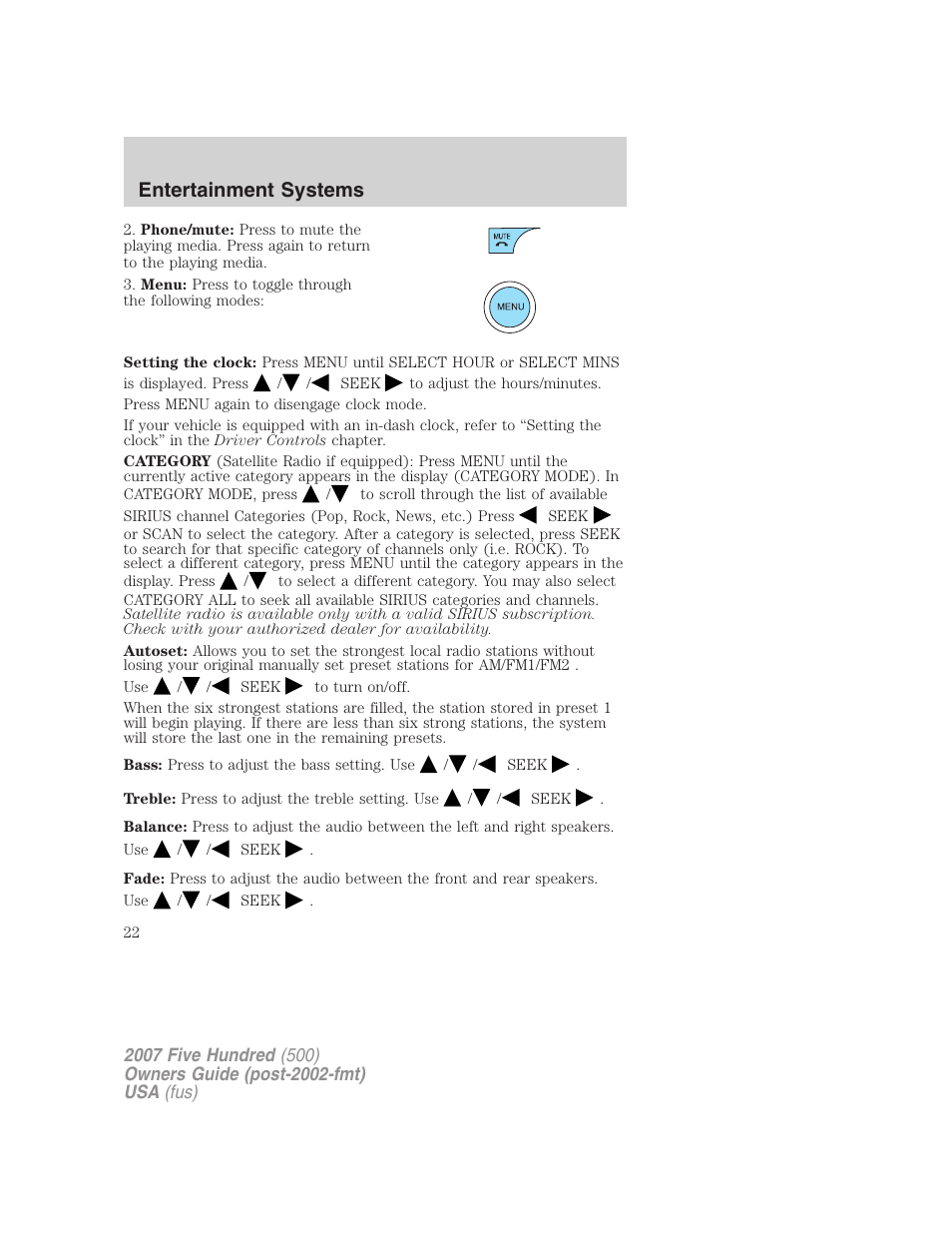 Entertainment systems | FORD 2007 Five Hundred v.2 User Manual | Page 22 / 288