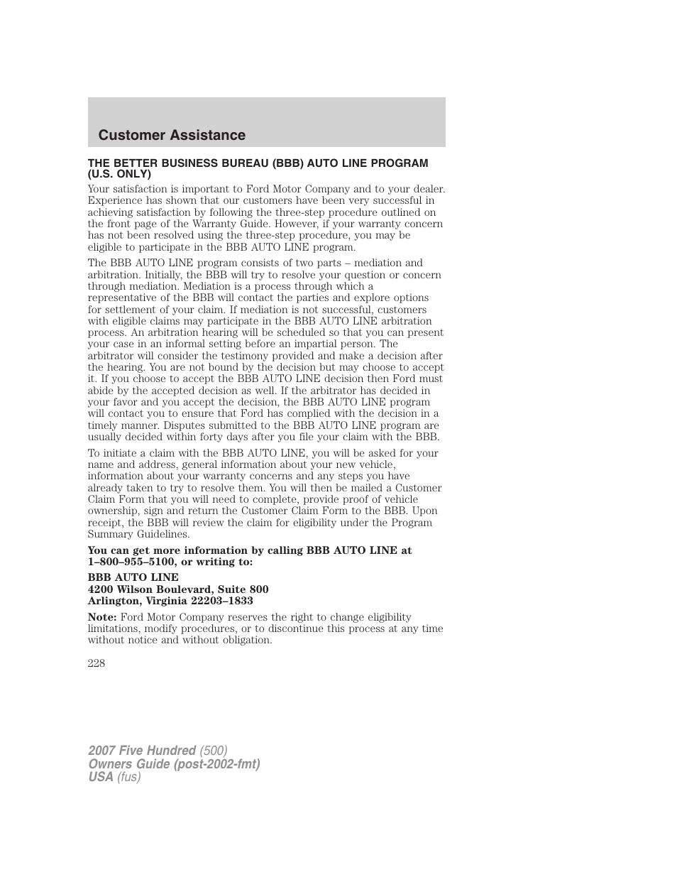 Customer assistance | FORD 2007 Five Hundred v.2 User Manual | Page 228 / 288