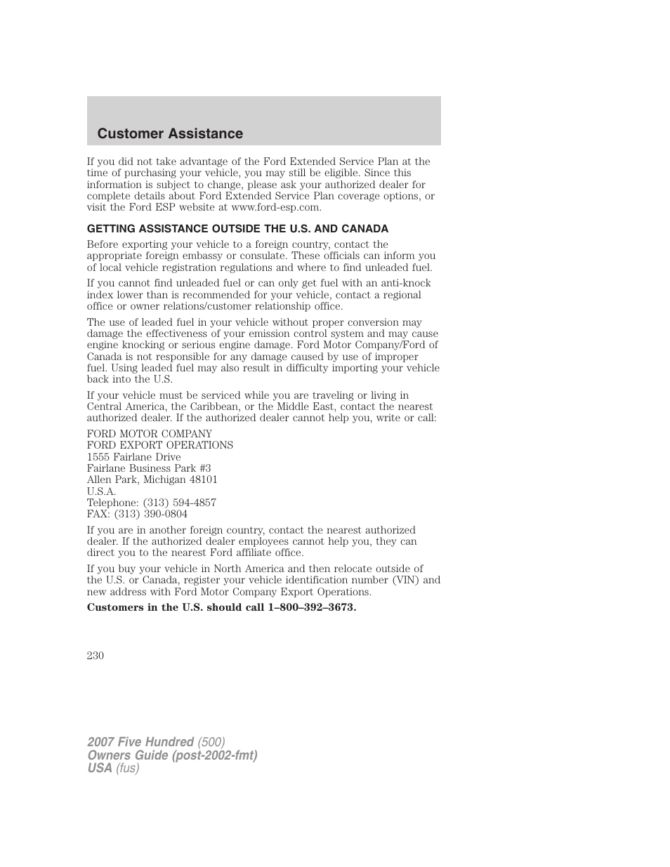 Getting assistance outside the u.s. and canada, Customer assistance | FORD 2007 Five Hundred v.2 User Manual | Page 230 / 288