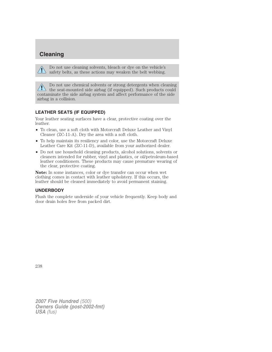 Leather seats (if equipped), Underbody, Cleaning | FORD 2007 Five Hundred v.2 User Manual | Page 238 / 288