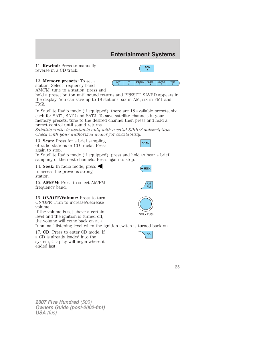 Entertainment systems | FORD 2007 Five Hundred v.2 User Manual | Page 25 / 288