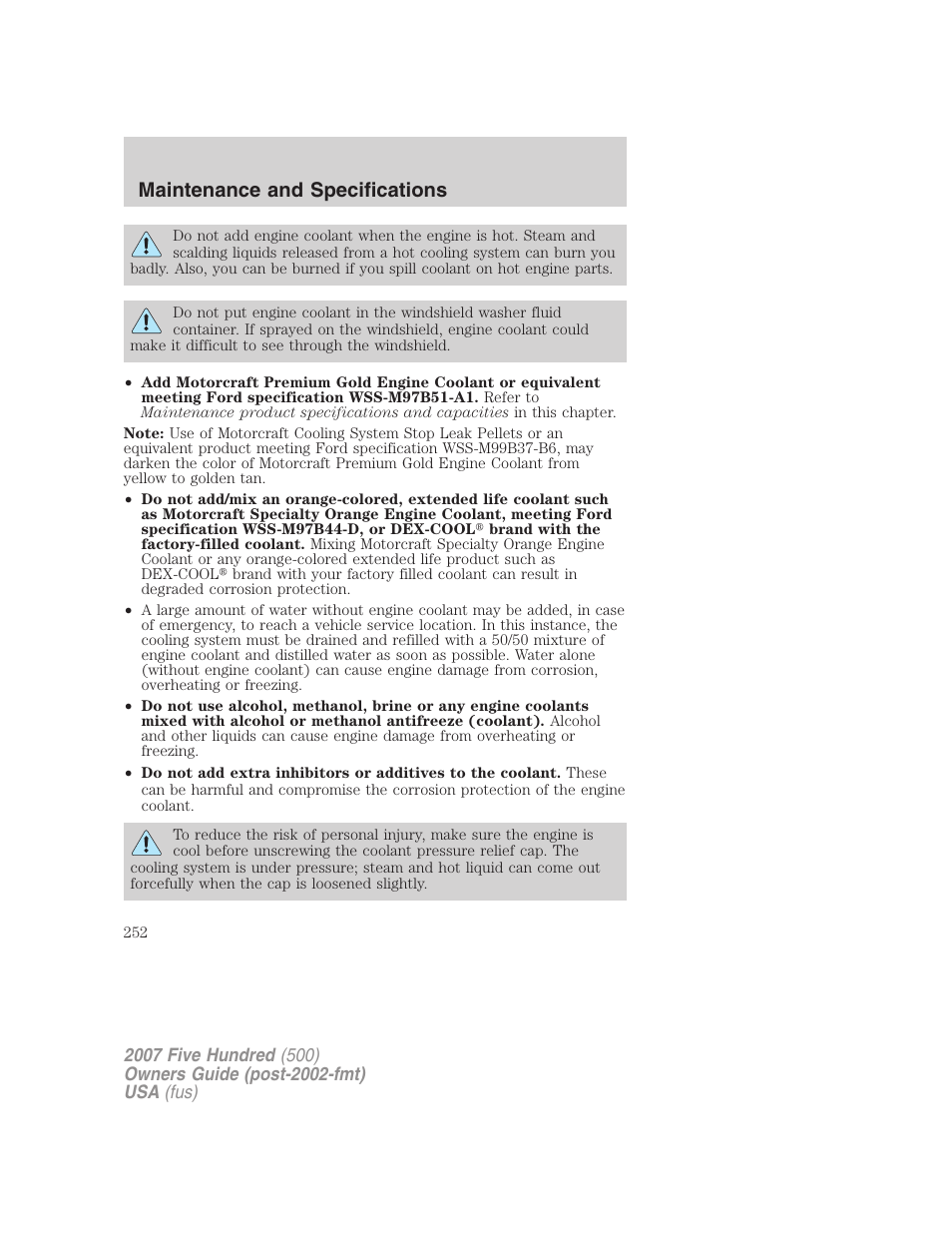 Maintenance and specifications | FORD 2007 Five Hundred v.2 User Manual | Page 252 / 288
