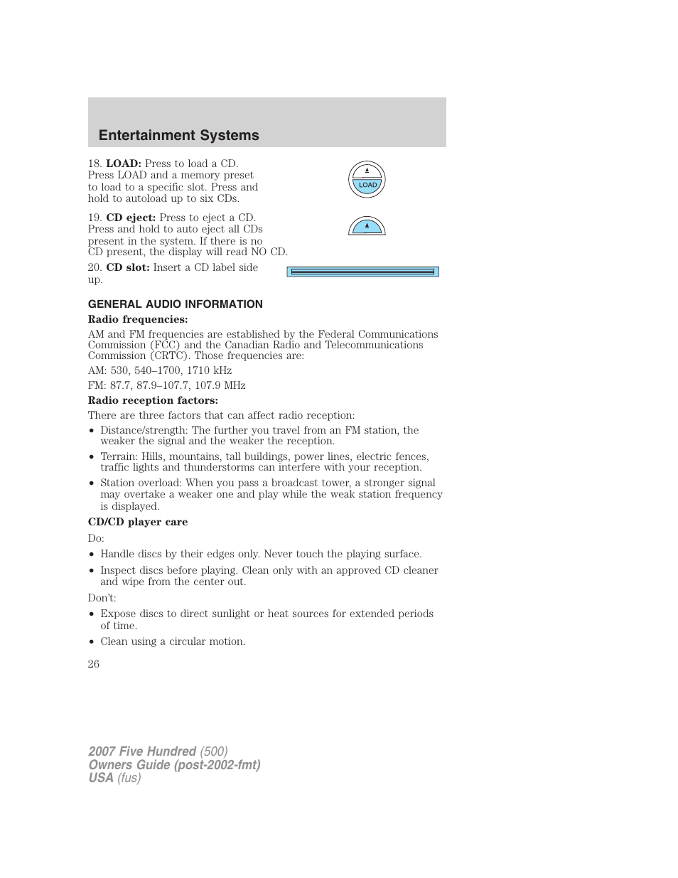 General audio information, Entertainment systems | FORD 2007 Five Hundred v.2 User Manual | Page 26 / 288
