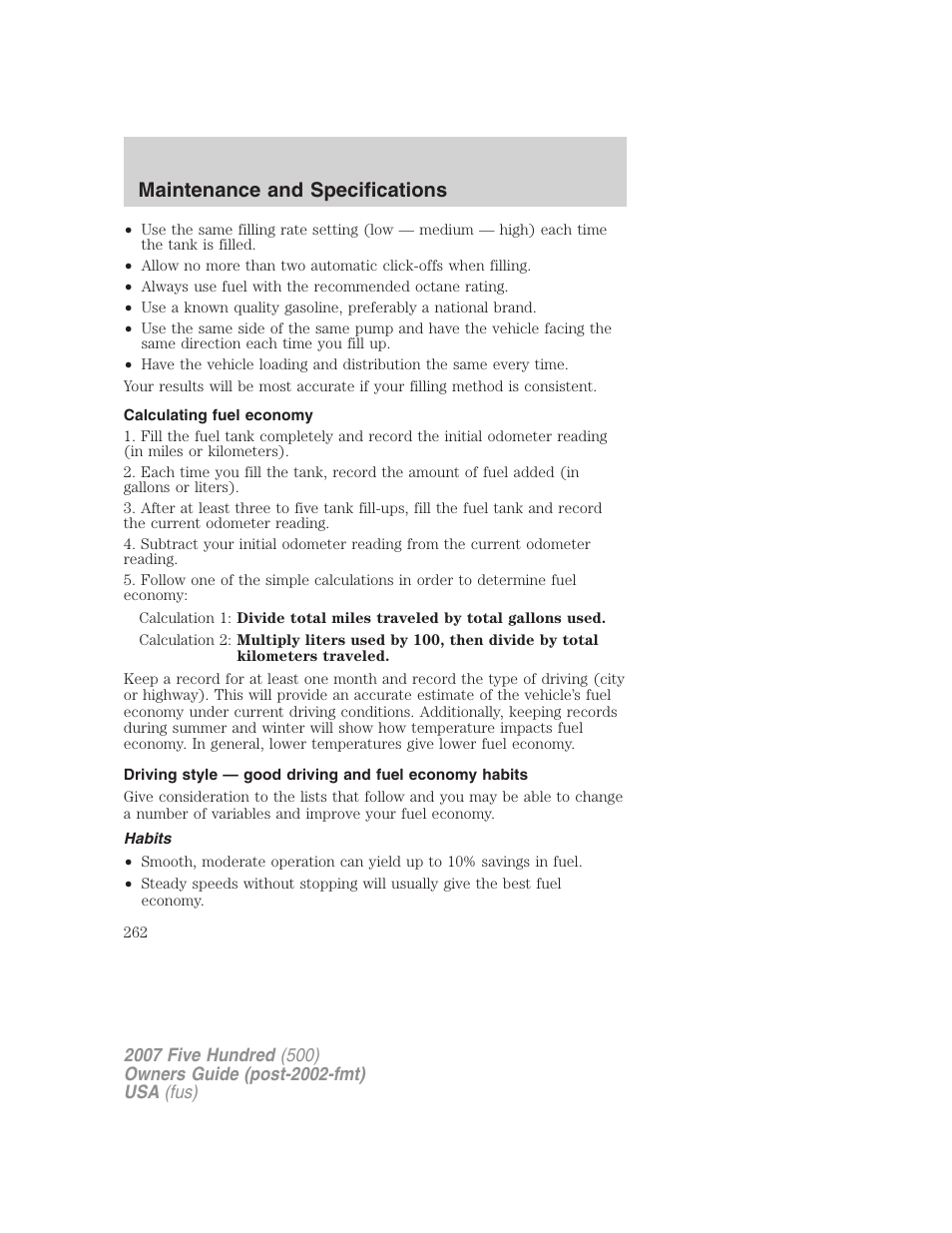 Calculating fuel economy, Habits, Maintenance and specifications | FORD 2007 Five Hundred v.2 User Manual | Page 262 / 288