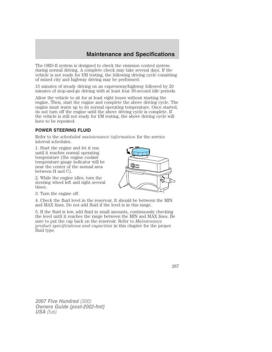 Power steering fluid, Maintenance and specifications | FORD 2007 Five Hundred v.2 User Manual | Page 267 / 288