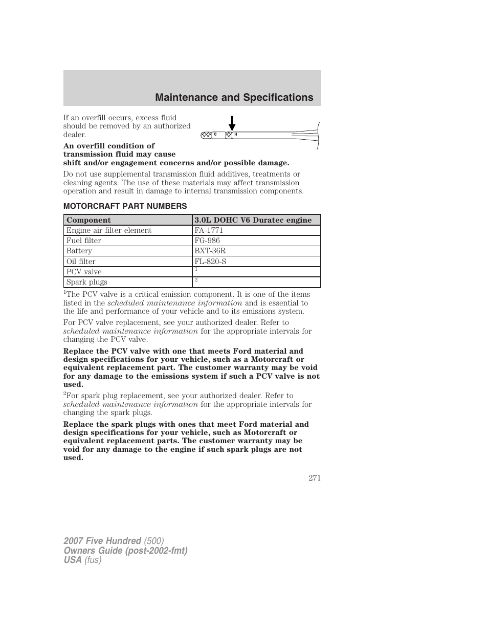 Motorcraft part numbers, Part numbers, Maintenance and specifications | FORD 2007 Five Hundred v.2 User Manual | Page 271 / 288