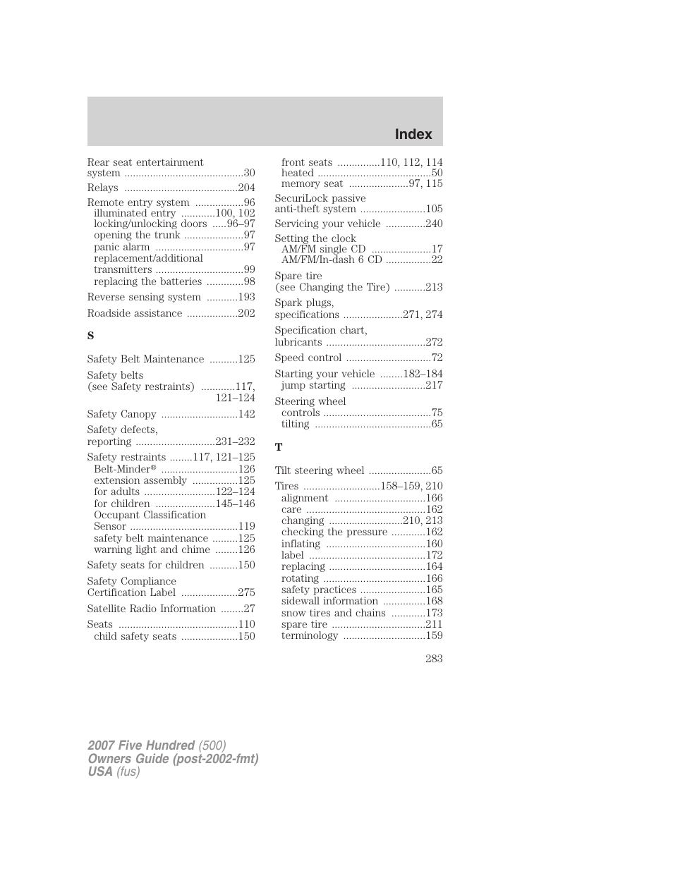 Index | FORD 2007 Five Hundred v.2 User Manual | Page 283 / 288