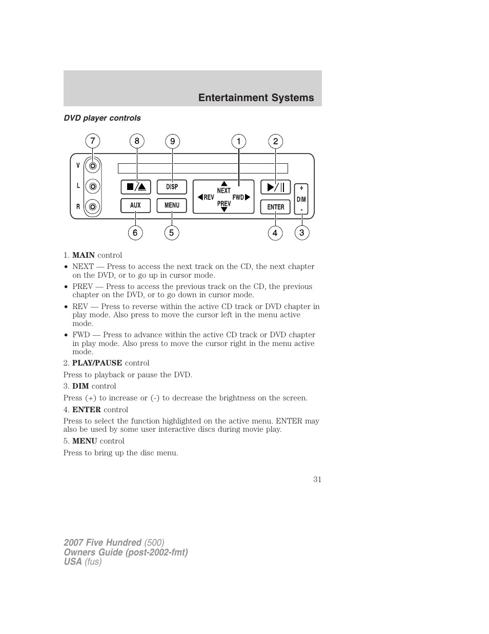 Dvd player controls, Entertainment systems | FORD 2007 Five Hundred v.2 User Manual | Page 31 / 288