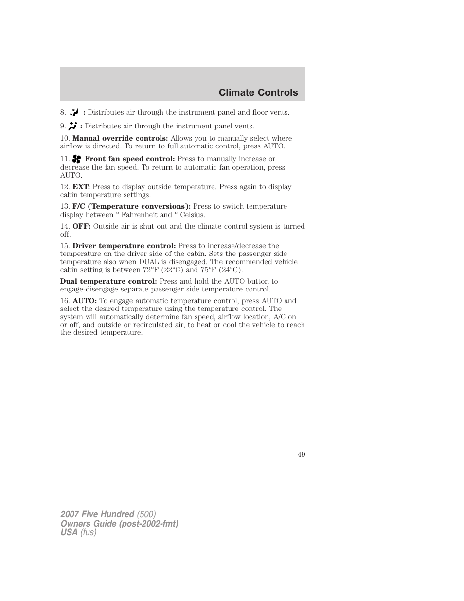 Climate controls | FORD 2007 Five Hundred v.2 User Manual | Page 49 / 288