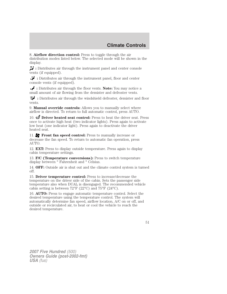 Climate controls | FORD 2007 Five Hundred v.2 User Manual | Page 51 / 288