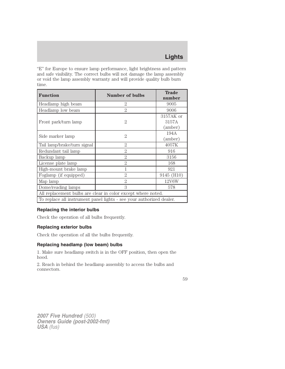 Replacing the interior bulbs, Replacing exterior bulbs, Replacing headlamp (low beam) bulbs | Lights | FORD 2007 Five Hundred v.2 User Manual | Page 59 / 288