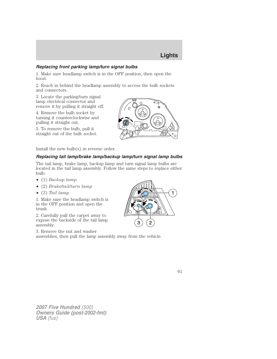 Replacing front parking lamp/turn signal bulbs, Lights | FORD 2007 Five Hundred v.2 User Manual | Page 61 / 288