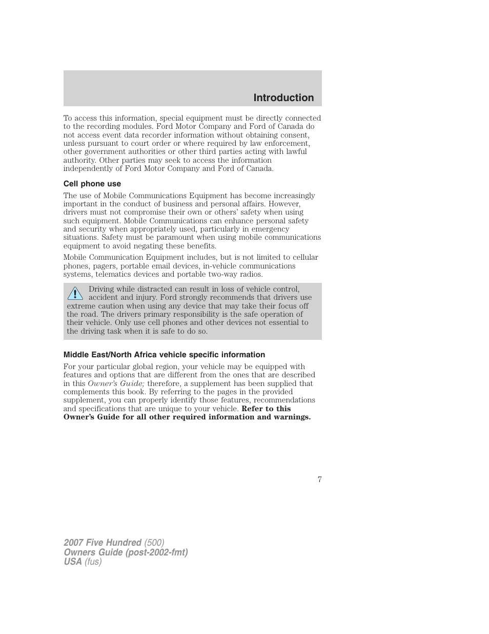 Cell phone use, Introduction | FORD 2007 Five Hundred v.2 User Manual | Page 7 / 288