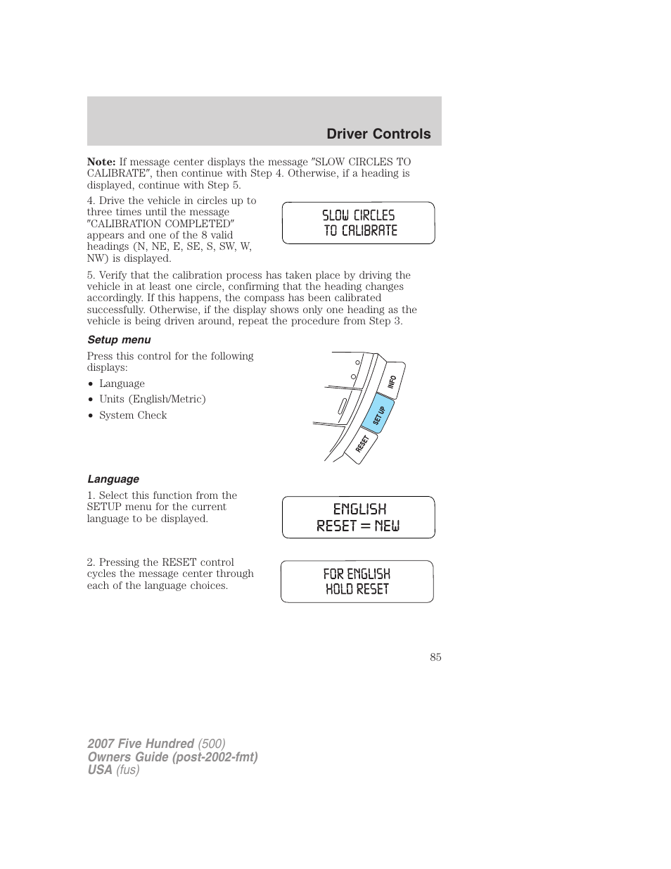 Setup menu, Language, Driver controls | FORD 2007 Five Hundred v.2 User Manual | Page 85 / 288