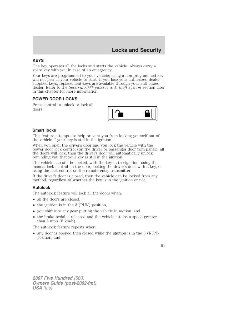 Locks and security, Keys, Power door locks | Smart locks, Autolock, Locks | FORD 2007 Five Hundred v.2 User Manual | Page 91 / 288