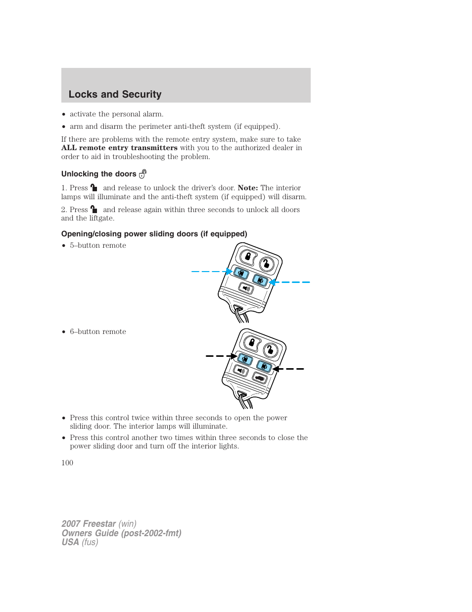 Unlocking the doors, Opening/closing power sliding doors (if equipped), Locks and security | FORD 2007 Freestar v.1 User Manual | Page 100 / 312
