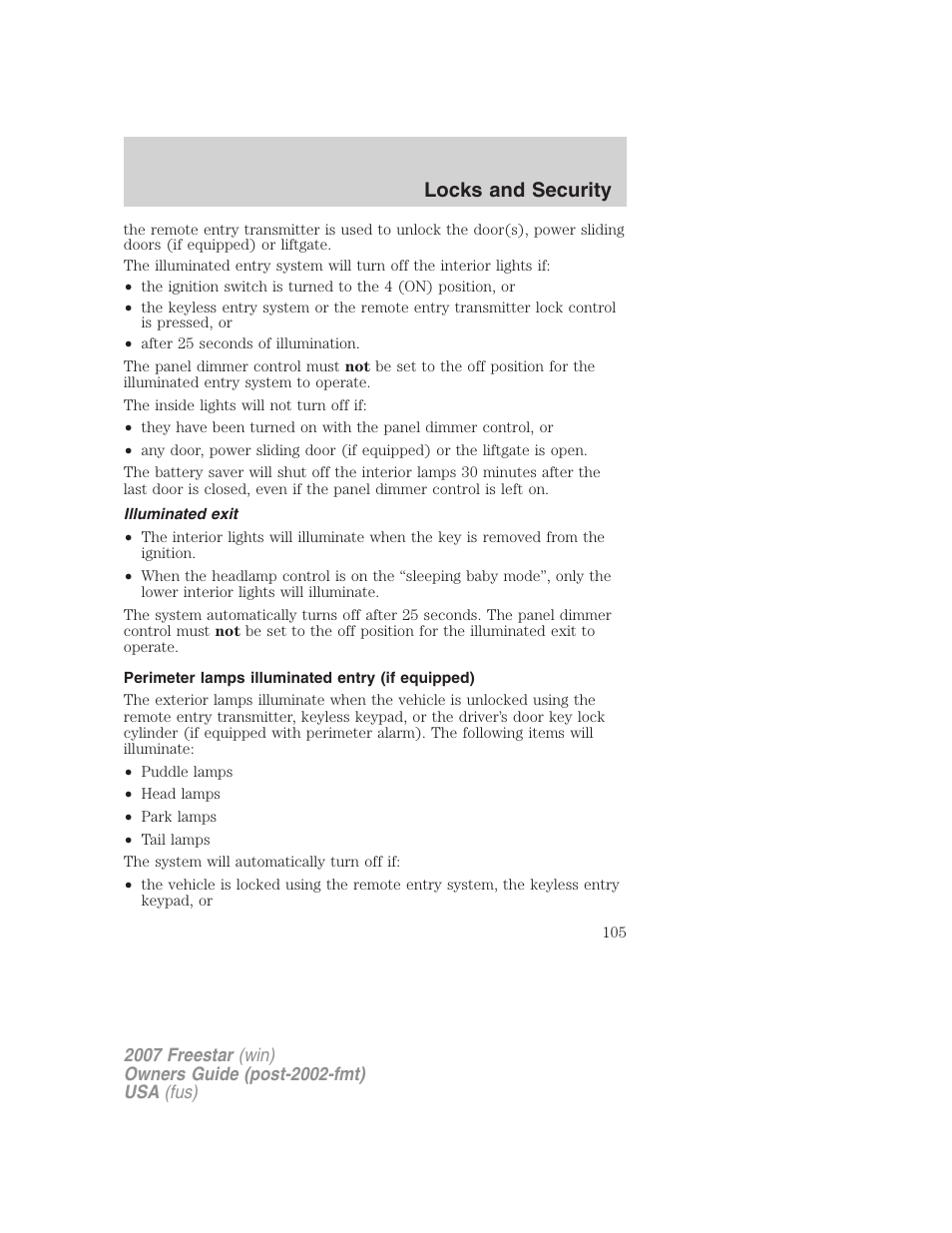 Illuminated exit, Perimeter lamps illuminated entry (if equipped), Locks and security | FORD 2007 Freestar v.1 User Manual | Page 105 / 312