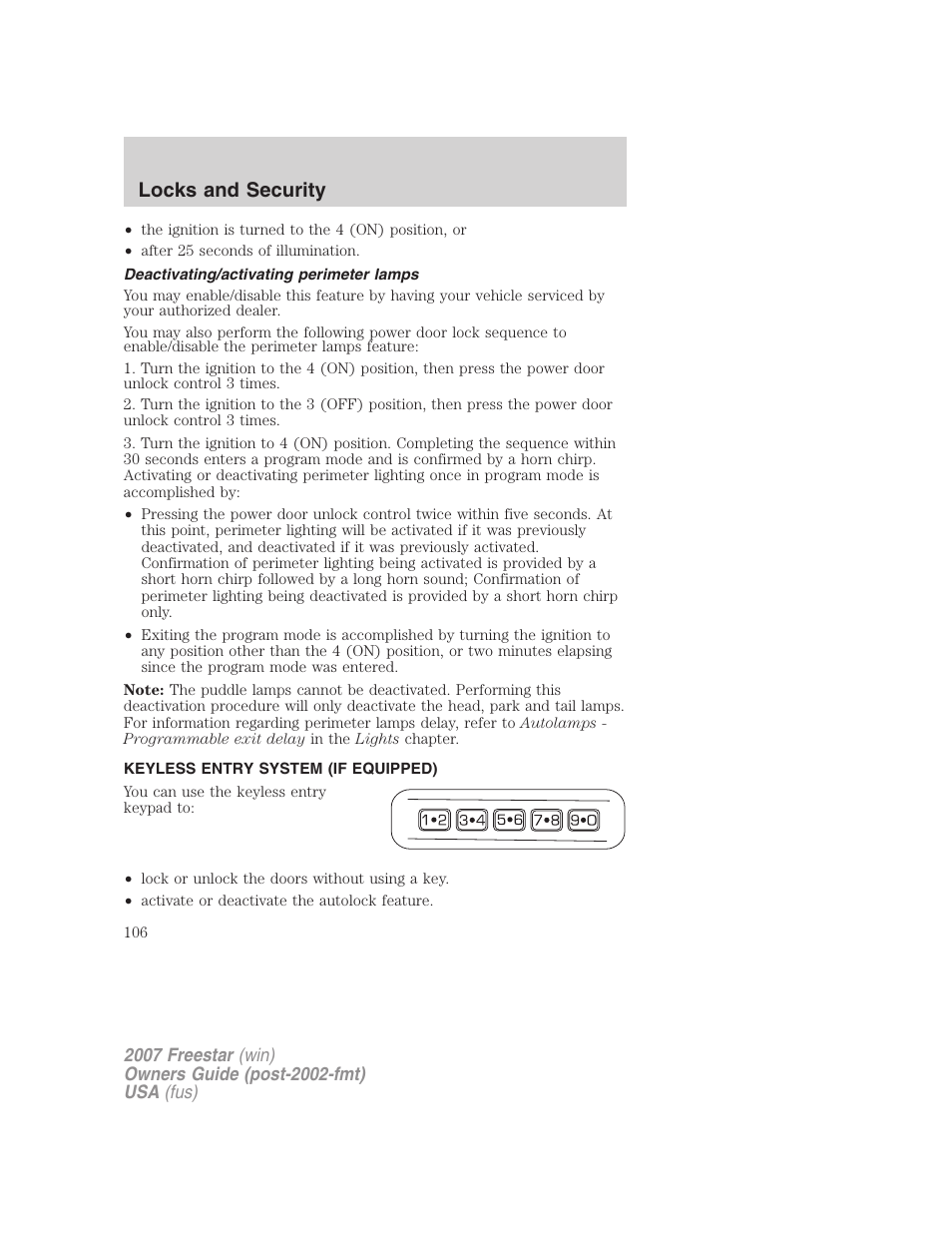 Deactivating/activating perimeter lamps, Keyless entry system (if equipped), Locks and security | FORD 2007 Freestar v.1 User Manual | Page 106 / 312