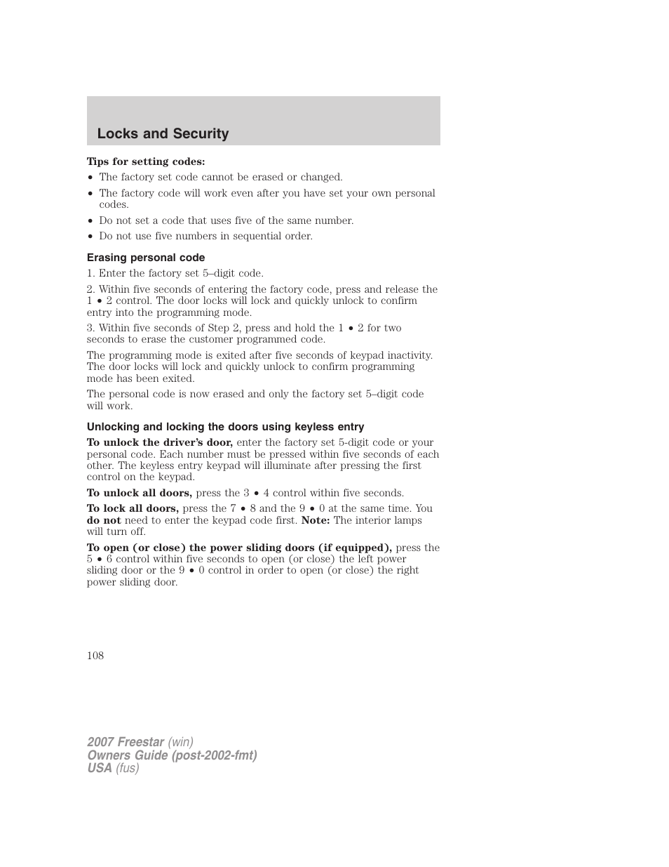 Erasing personal code, Locks and security | FORD 2007 Freestar v.1 User Manual | Page 108 / 312