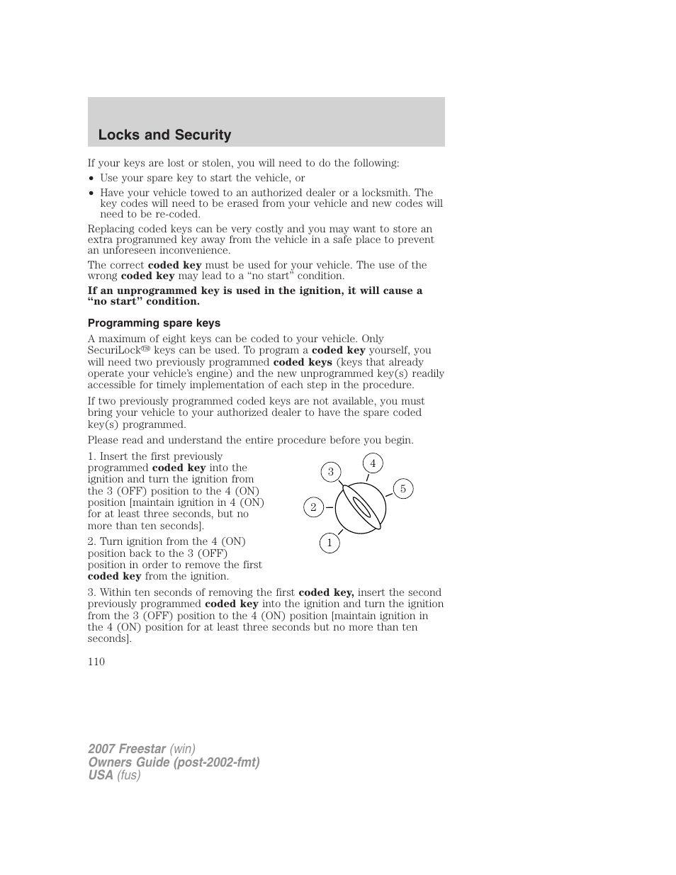 Programming spare keys, Locks and security | FORD 2007 Freestar v.1 User Manual | Page 110 / 312