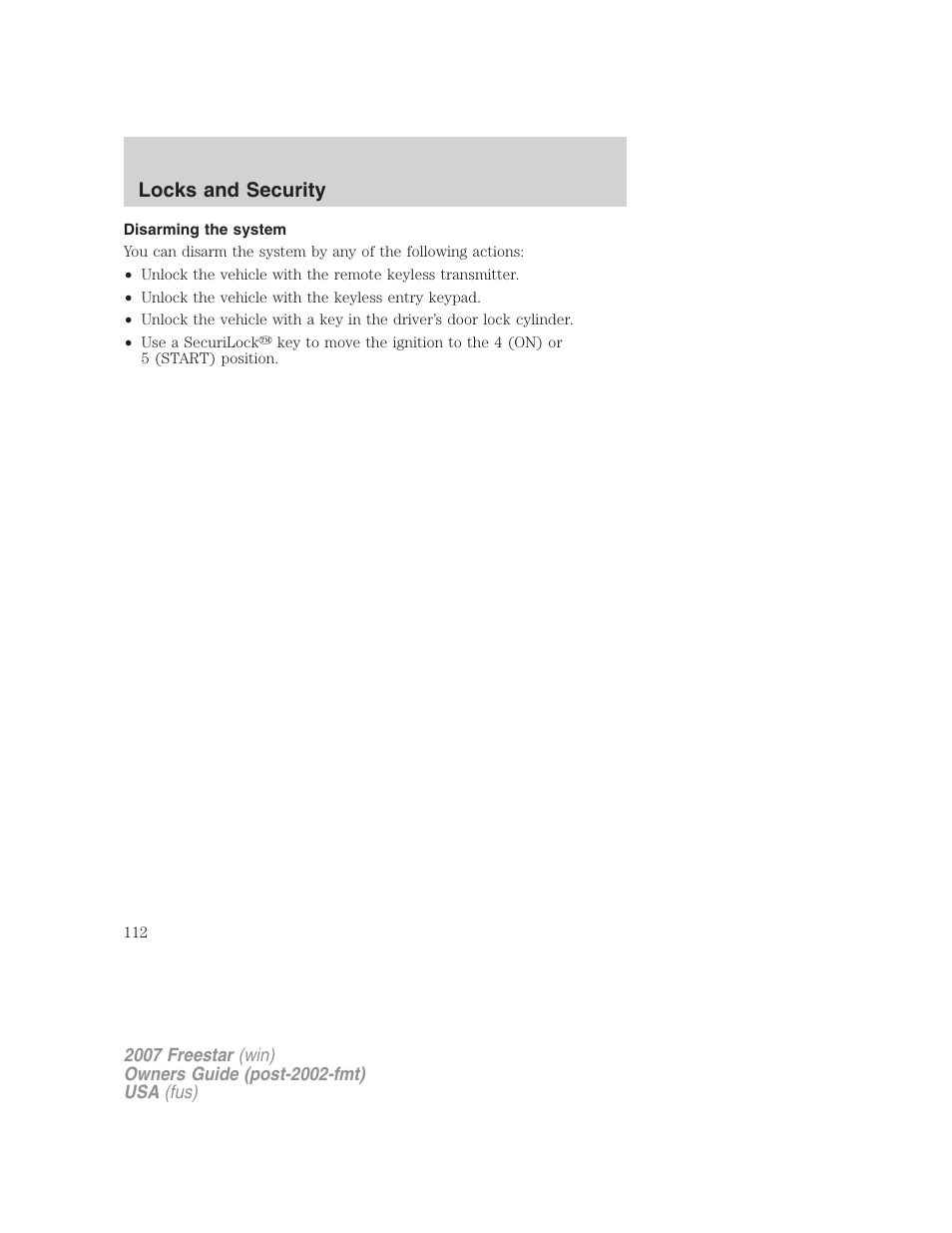 Disarming the system, Locks and security | FORD 2007 Freestar v.1 User Manual | Page 112 / 312