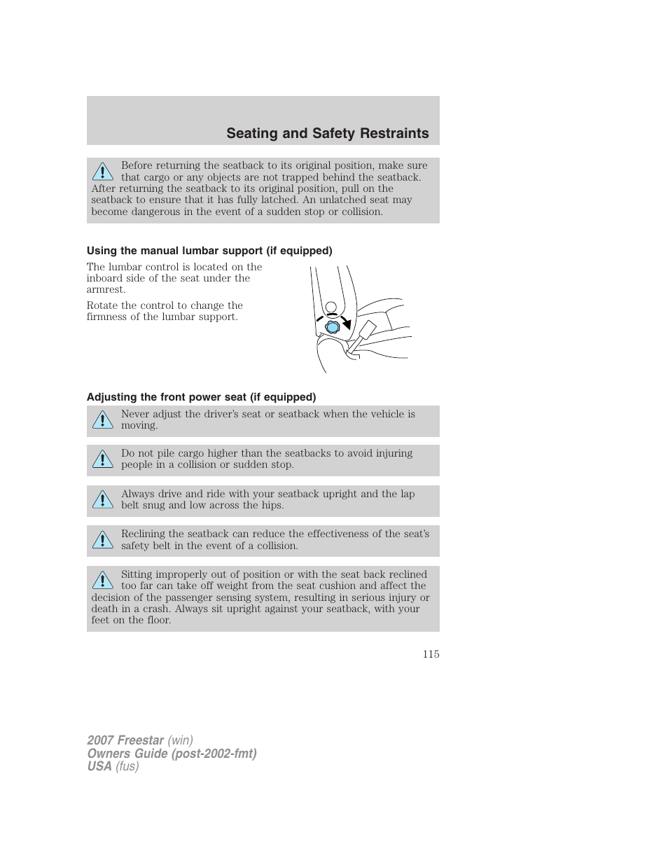 Using the manual lumbar support (if equipped), Adjusting the front power seat (if equipped), Seating and safety restraints | FORD 2007 Freestar v.1 User Manual | Page 115 / 312