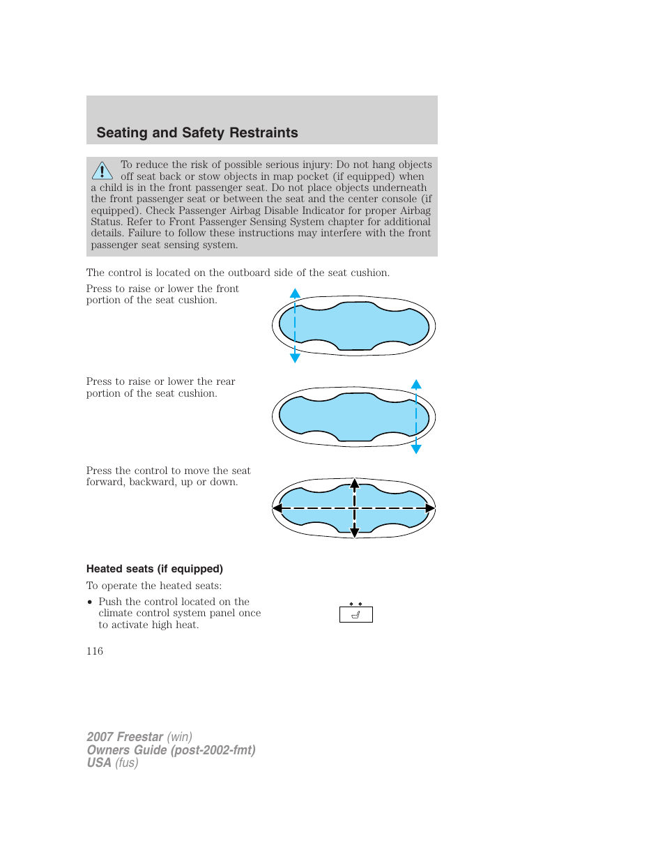 Heated seats (if equipped), Seating and safety restraints | FORD 2007 Freestar v.1 User Manual | Page 116 / 312