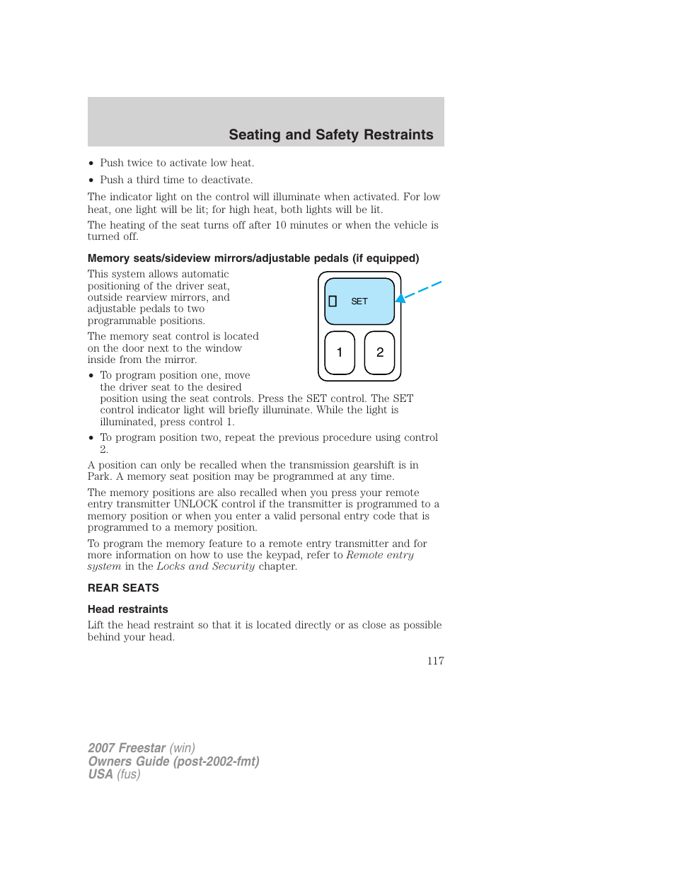 Rear seats, Head restraints, Seating and safety restraints | FORD 2007 Freestar v.1 User Manual | Page 117 / 312