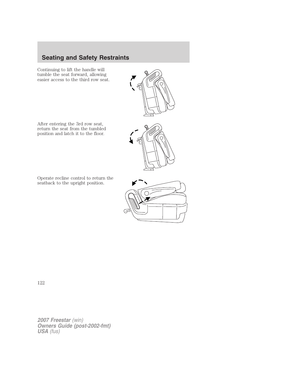 Seating and safety restraints | FORD 2007 Freestar v.1 User Manual | Page 122 / 312