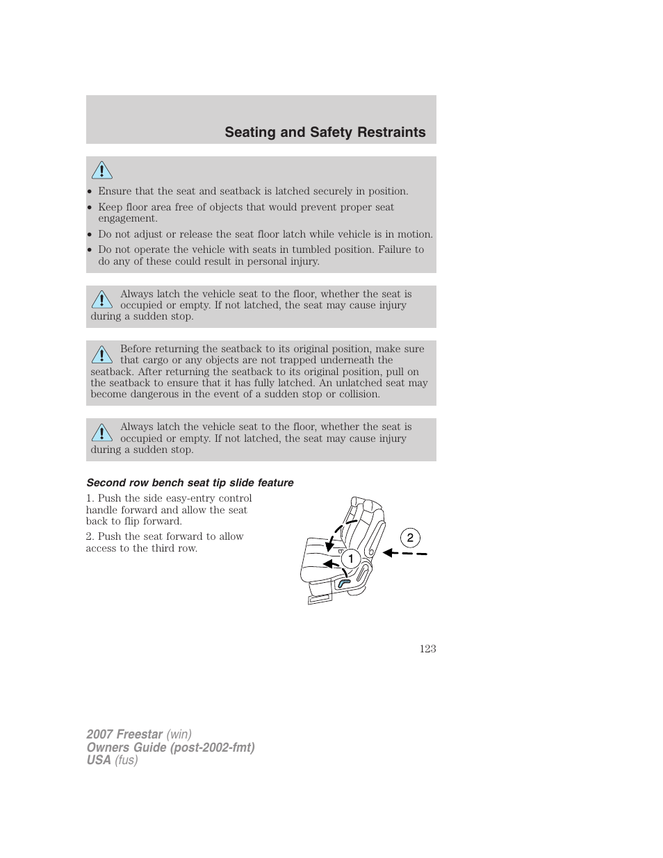 Second row bench seat tip slide feature, Seating and safety restraints | FORD 2007 Freestar v.1 User Manual | Page 123 / 312