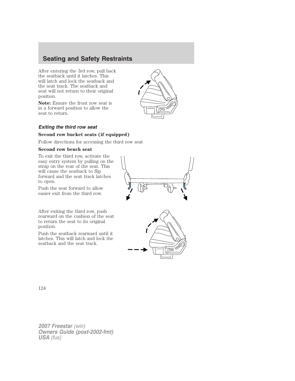 Exiting the third row seat, Seating and safety restraints | FORD 2007 Freestar v.1 User Manual | Page 124 / 312