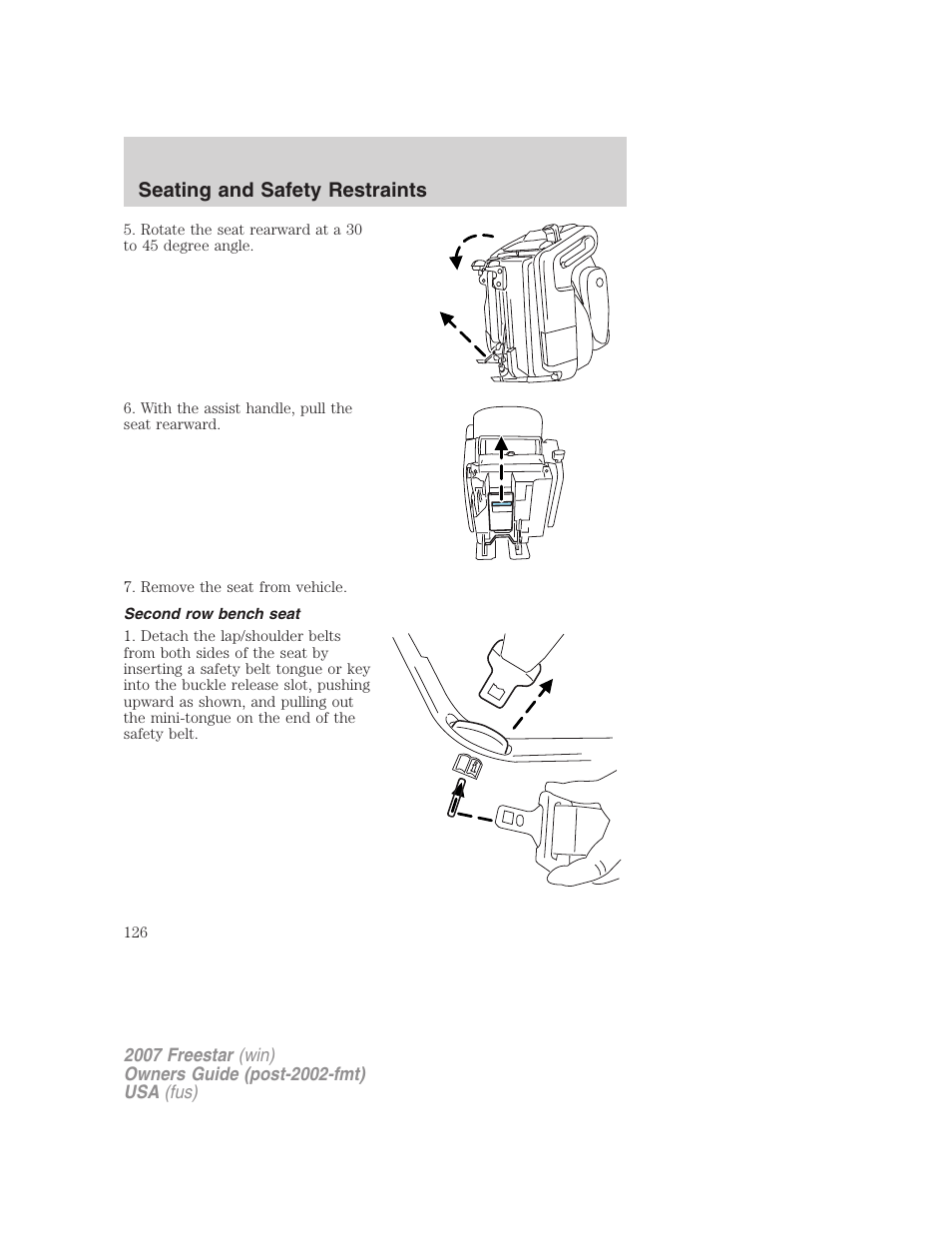 Second row bench seat, Seating and safety restraints | FORD 2007 Freestar v.1 User Manual | Page 126 / 312