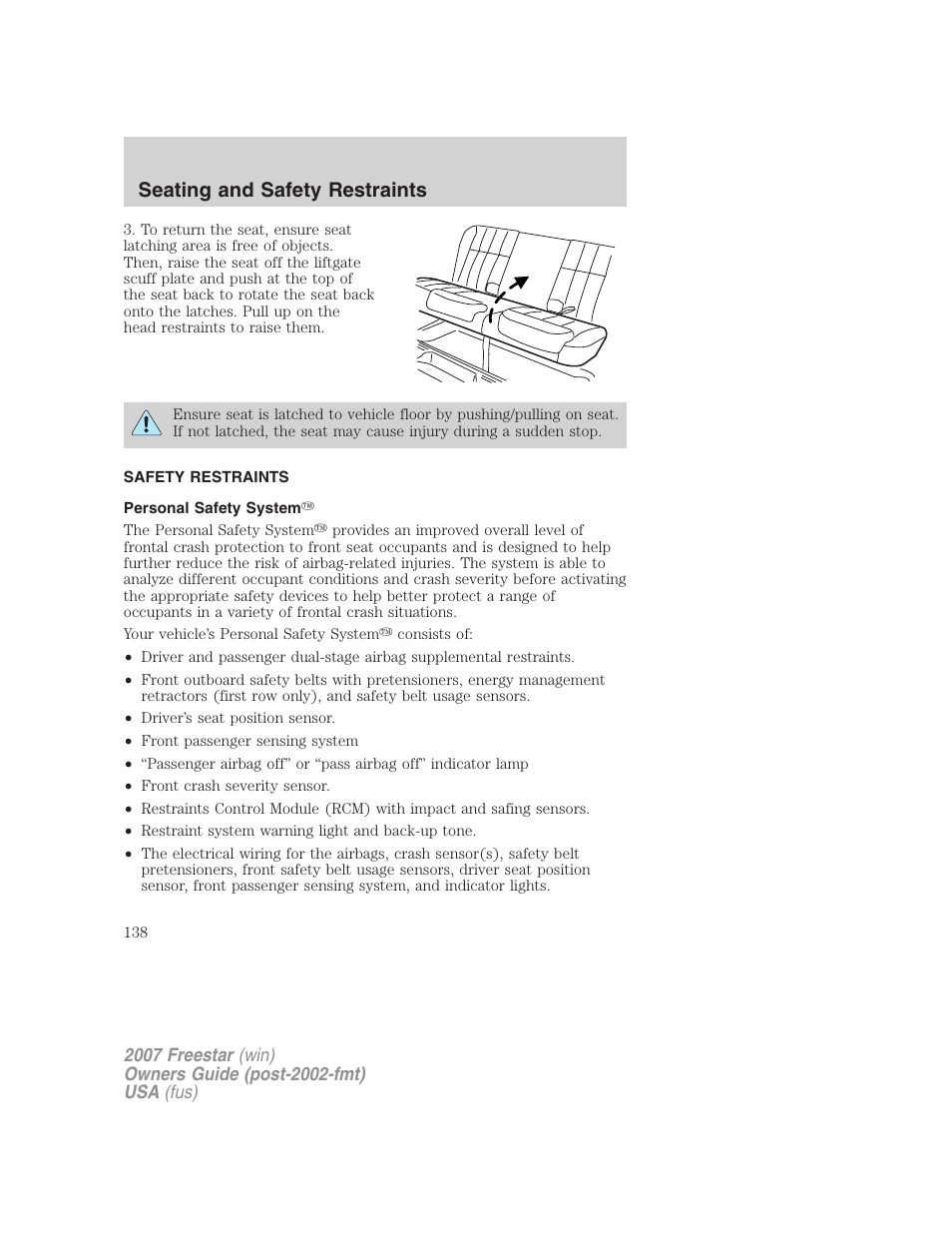 Safety restraints, Personal safety system, Seating and safety restraints | FORD 2007 Freestar v.1 User Manual | Page 138 / 312