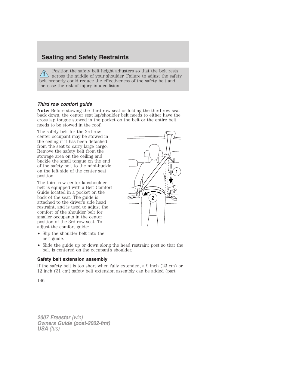 Third row comfort guide, Safety belt extension assembly, Seating and safety restraints | FORD 2007 Freestar v.1 User Manual | Page 146 / 312