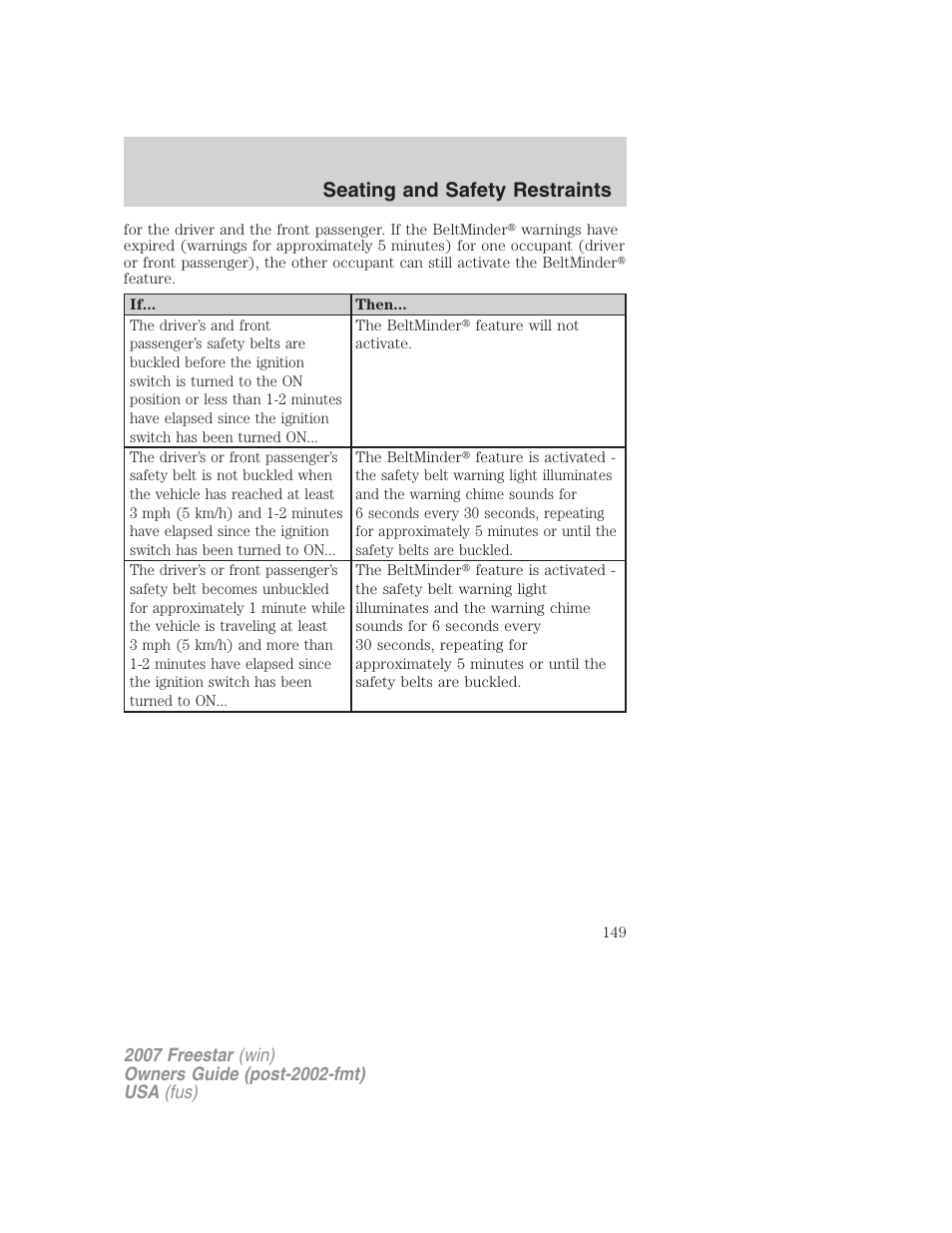 Seating and safety restraints | FORD 2007 Freestar v.1 User Manual | Page 149 / 312