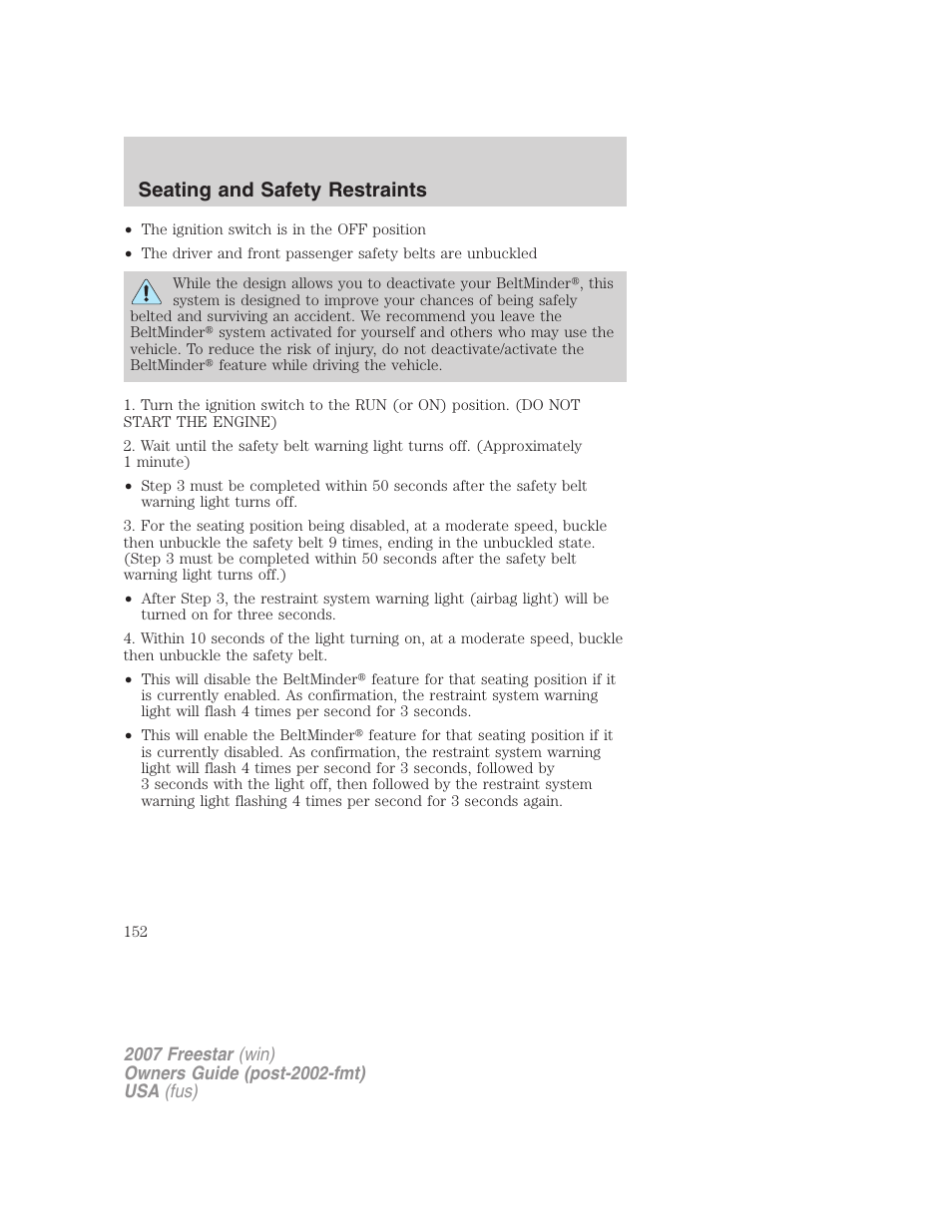 Seating and safety restraints | FORD 2007 Freestar v.1 User Manual | Page 152 / 312