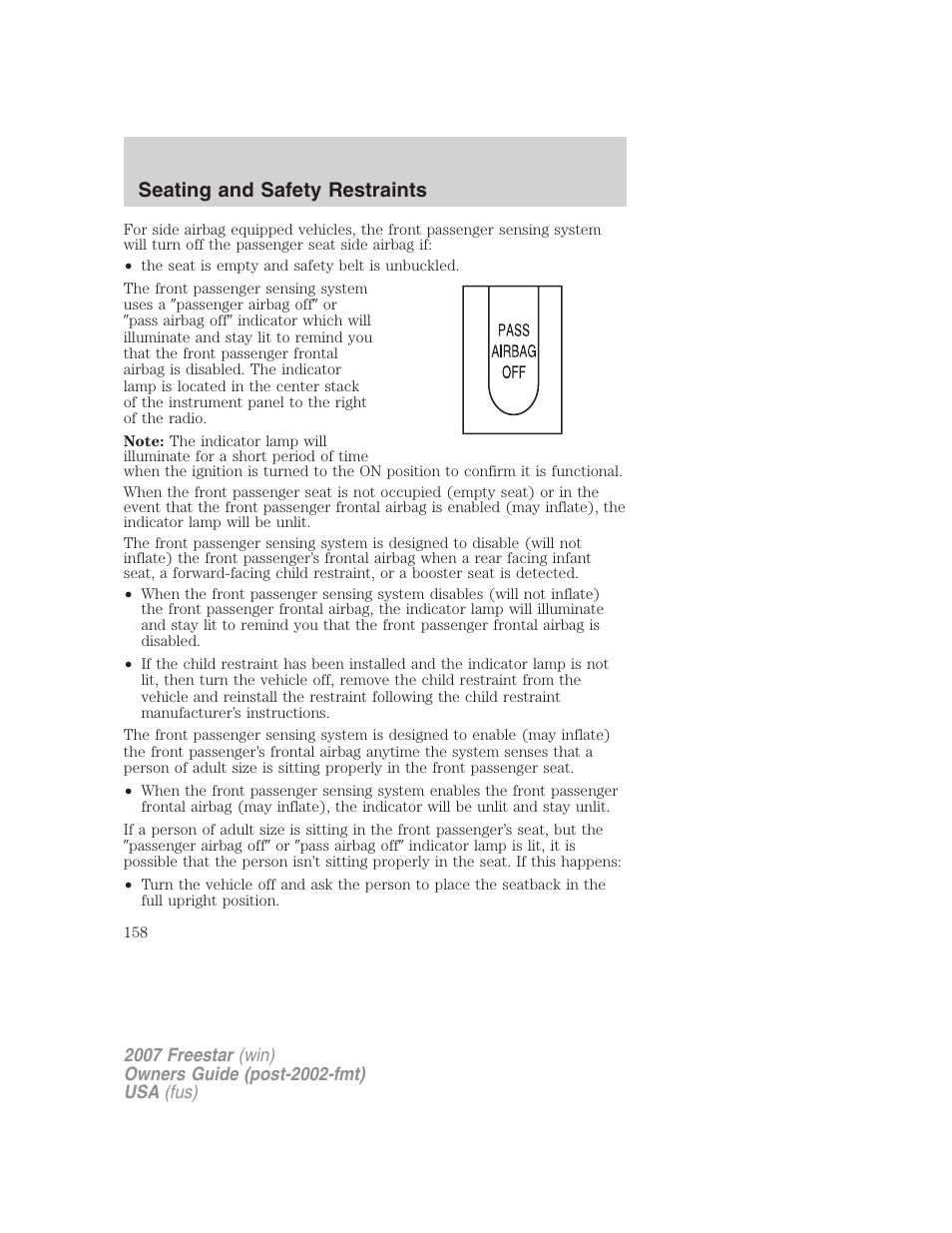 Seating and safety restraints | FORD 2007 Freestar v.1 User Manual | Page 158 / 312