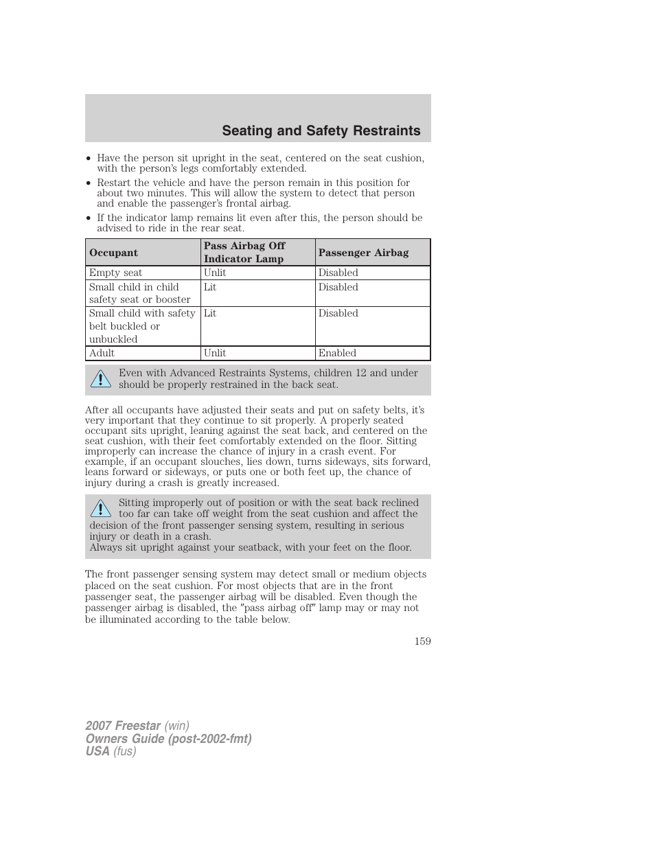 Seating and safety restraints | FORD 2007 Freestar v.1 User Manual | Page 159 / 312