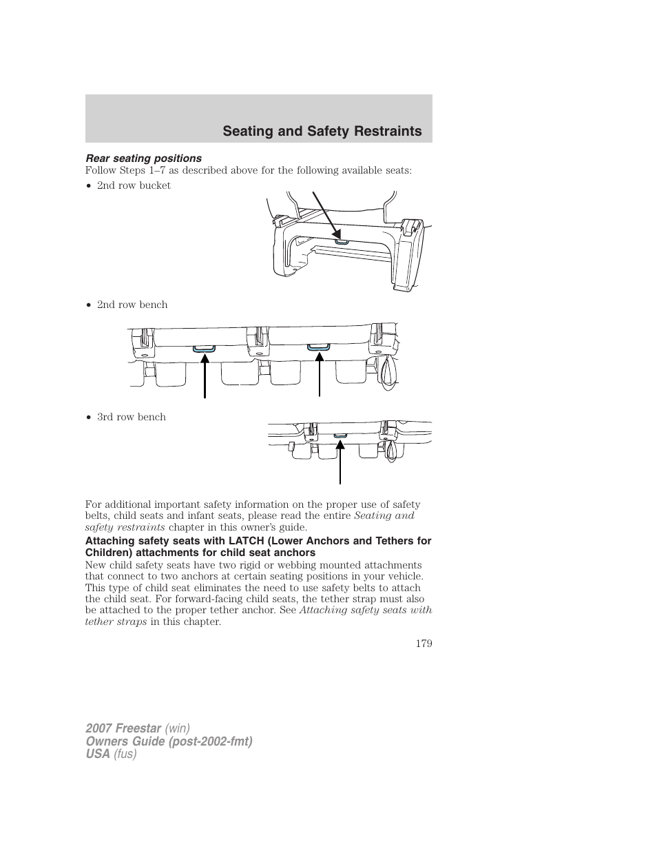 Rear seating positions, Seating and safety restraints | FORD 2007 Freestar v.1 User Manual | Page 179 / 312