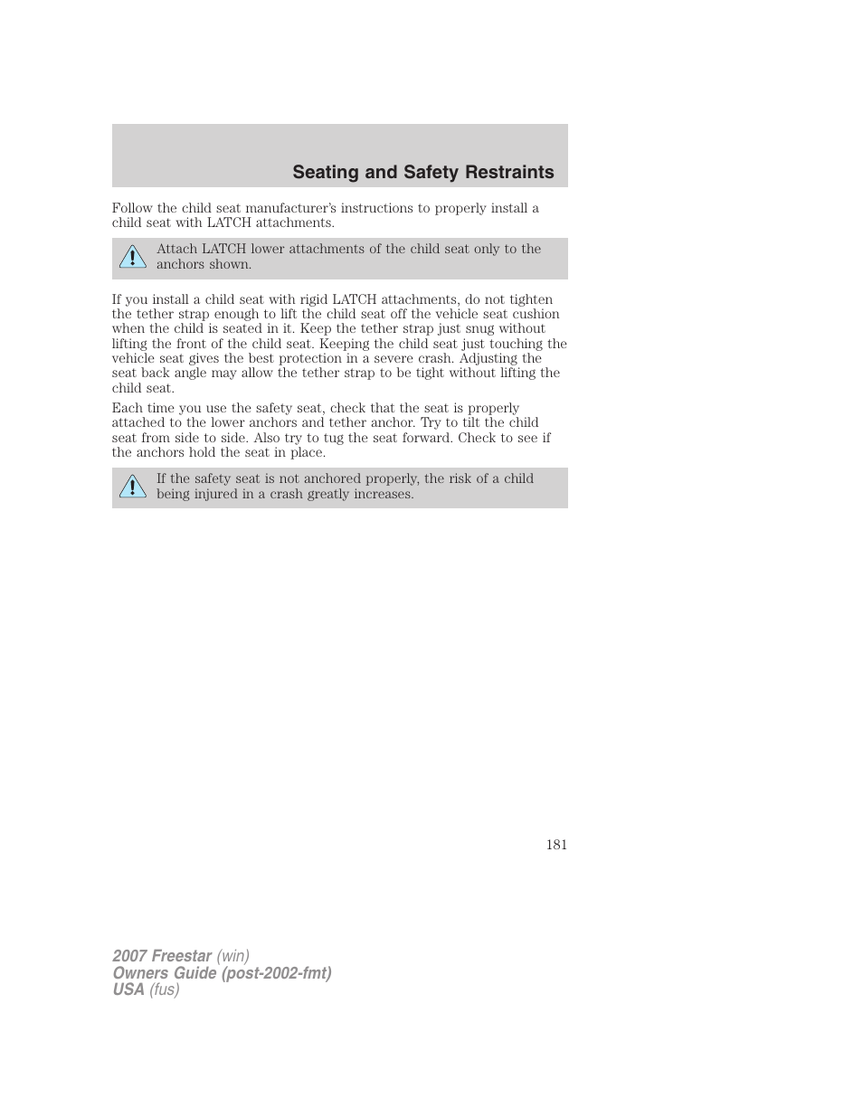 Seating and safety restraints | FORD 2007 Freestar v.1 User Manual | Page 181 / 312