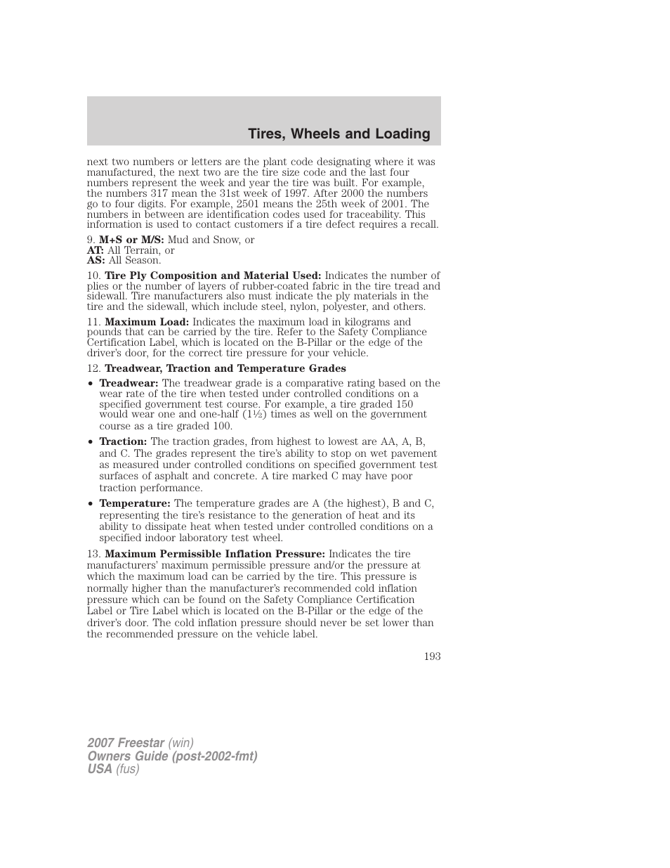 Tires, wheels and loading | FORD 2007 Freestar v.1 User Manual | Page 193 / 312