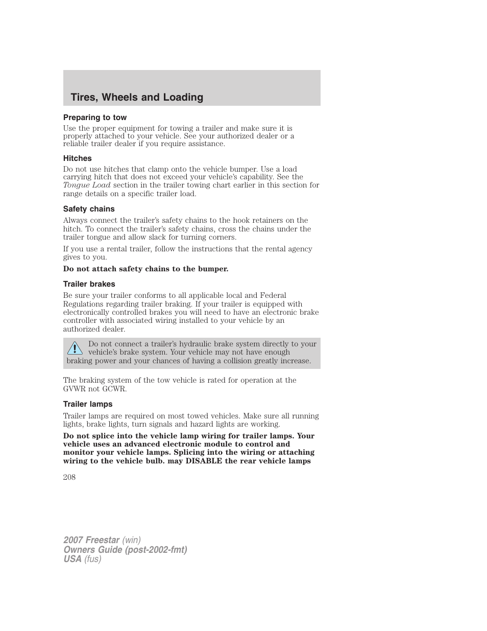 Preparing to tow, Hitches, Safety chains | Trailer brakes, Trailer lamps, Tires, wheels and loading | FORD 2007 Freestar v.1 User Manual | Page 208 / 312