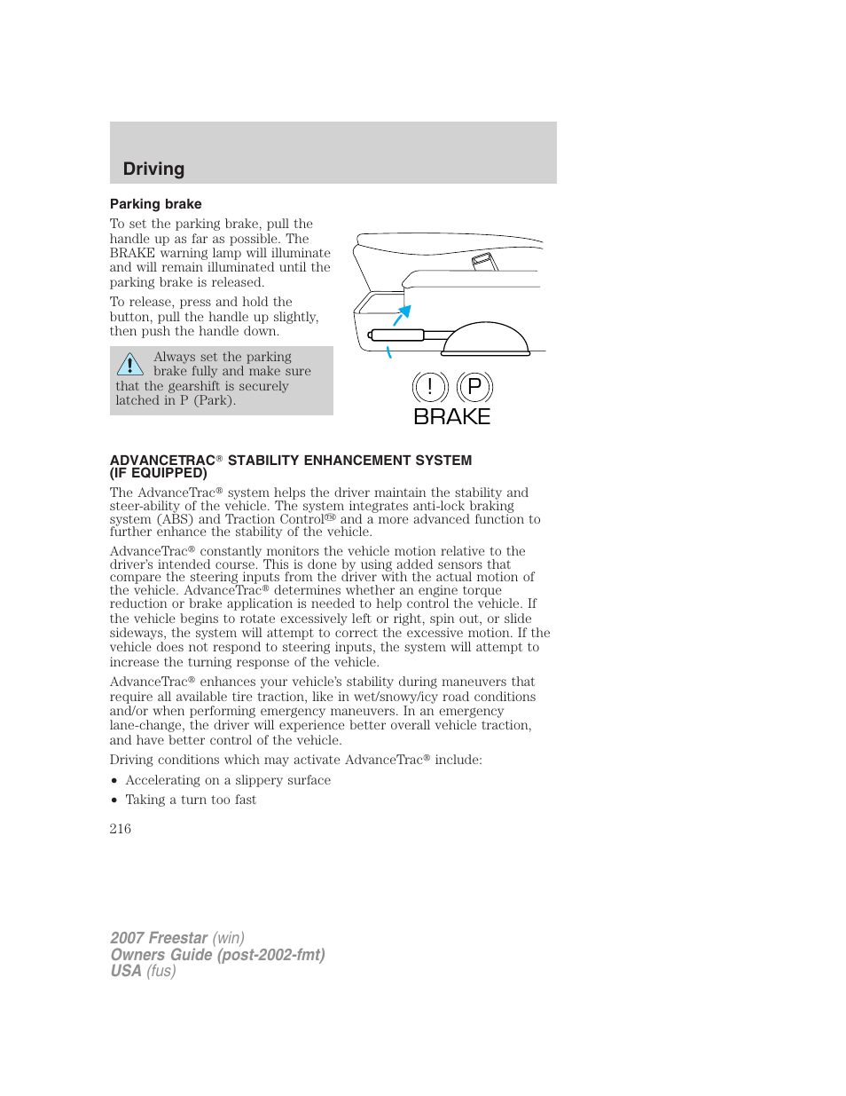 Parking brake, P! brake, Driving | FORD 2007 Freestar v.1 User Manual | Page 216 / 312