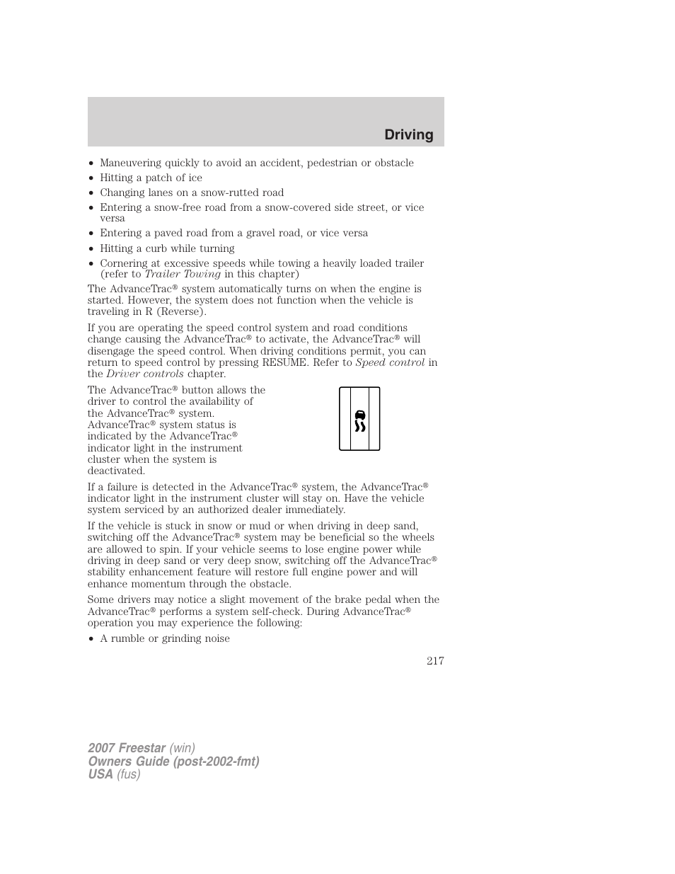 Driving | FORD 2007 Freestar v.1 User Manual | Page 217 / 312