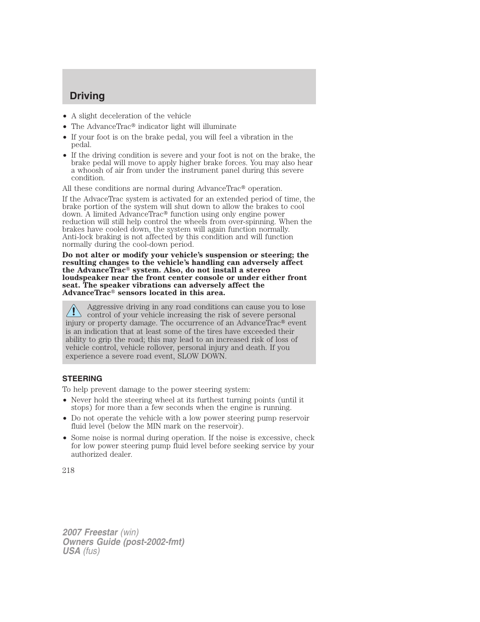 Steering, Driving | FORD 2007 Freestar v.1 User Manual | Page 218 / 312