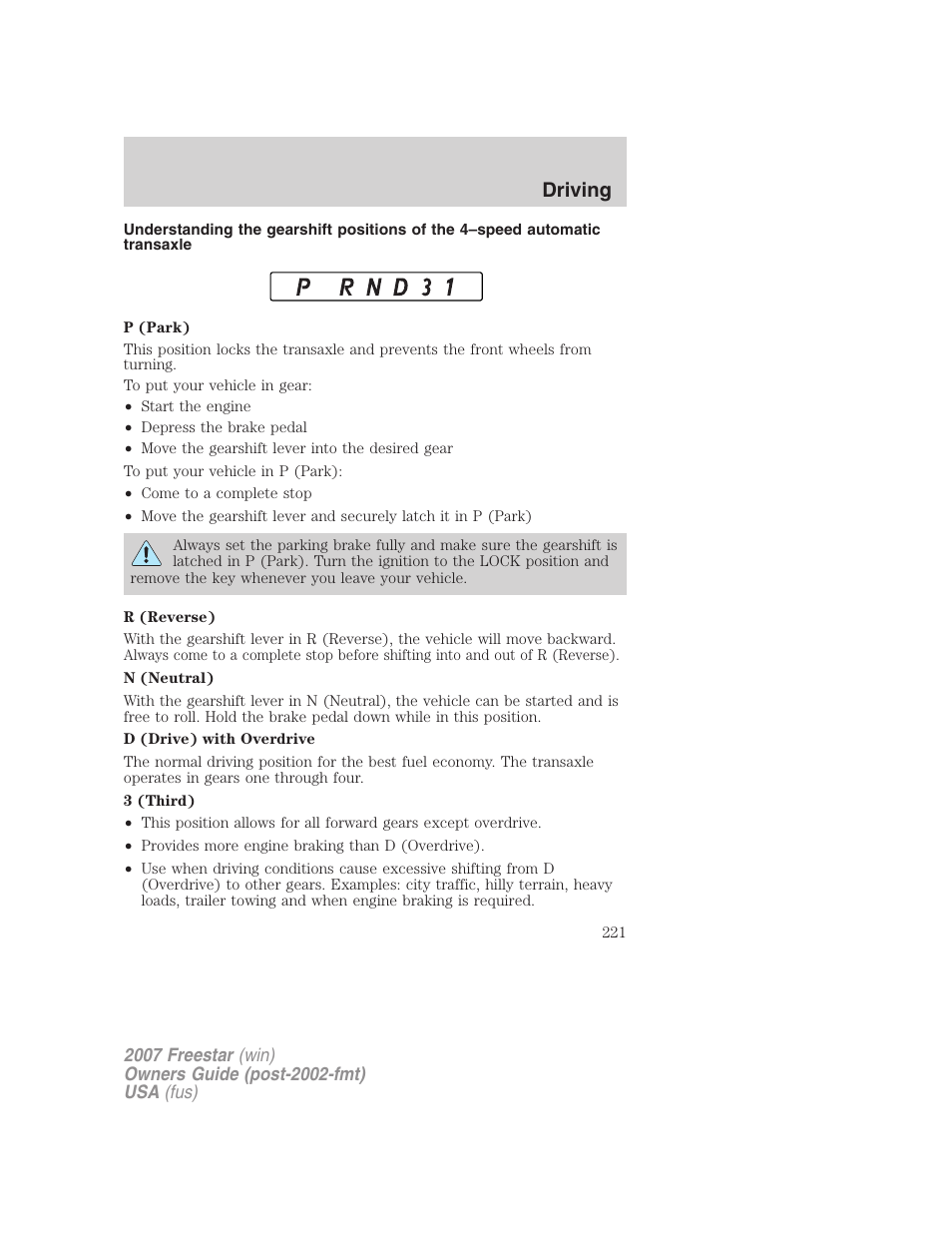 Driving | FORD 2007 Freestar v.1 User Manual | Page 221 / 312