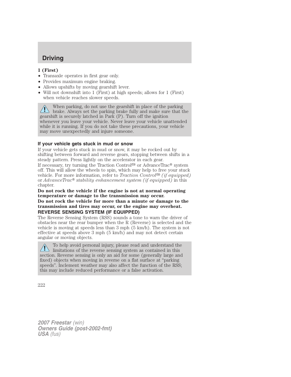 If your vehicle gets stuck in mud or snow, Reverse sensing system (if equipped), Driving | FORD 2007 Freestar v.1 User Manual | Page 222 / 312