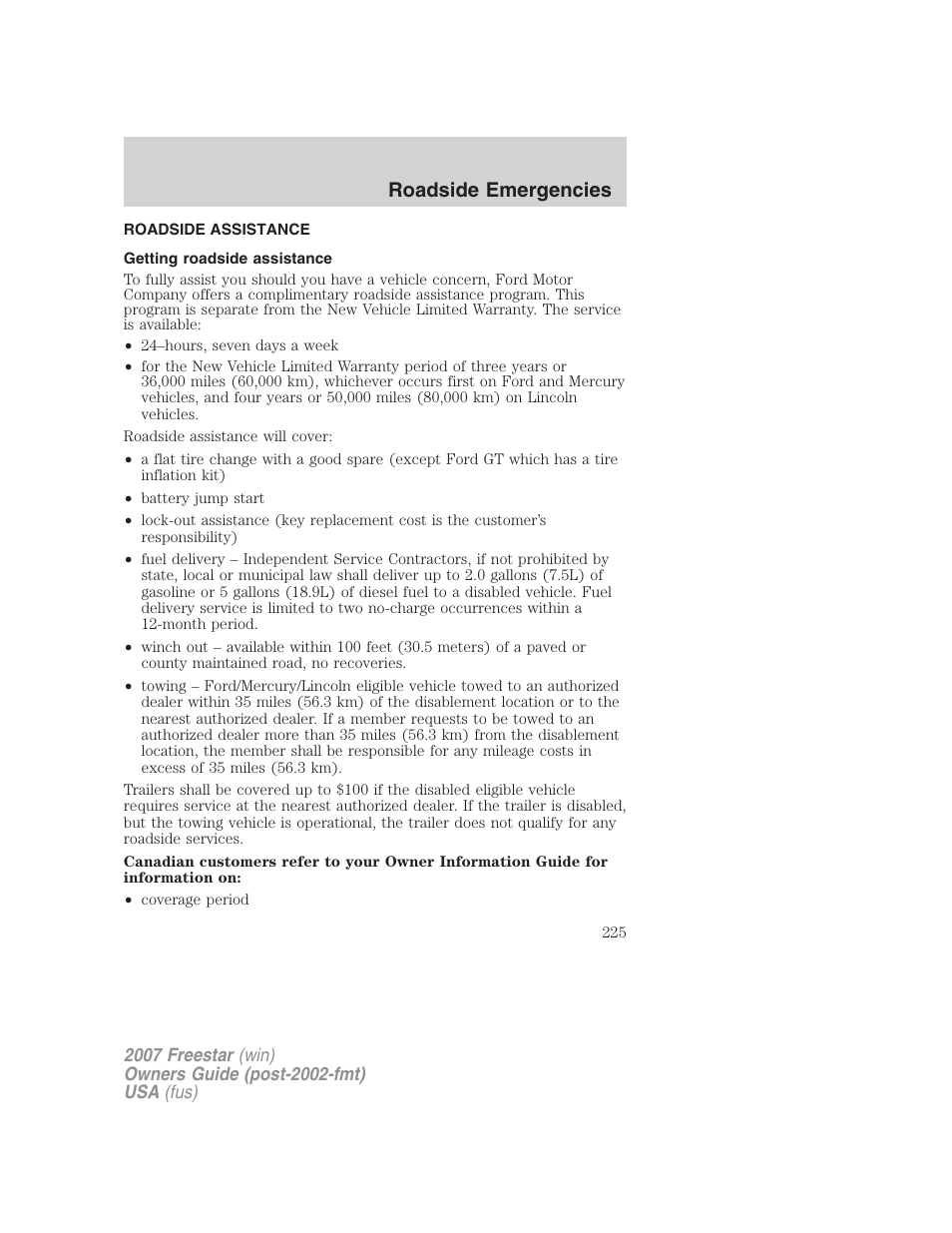 Roadside emergencies, Roadside assistance, Getting roadside assistance | FORD 2007 Freestar v.1 User Manual | Page 225 / 312